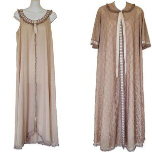 Miss Glamour Nightgown & Robe Set Vintage 1960s Nylon Lace w/ Satin Ribbon Sm-Lg